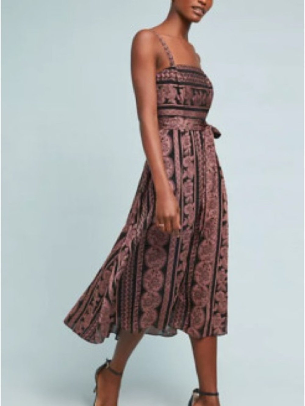 Anthropologie Pink and Black Patterned Midi Dress with Tie Waist